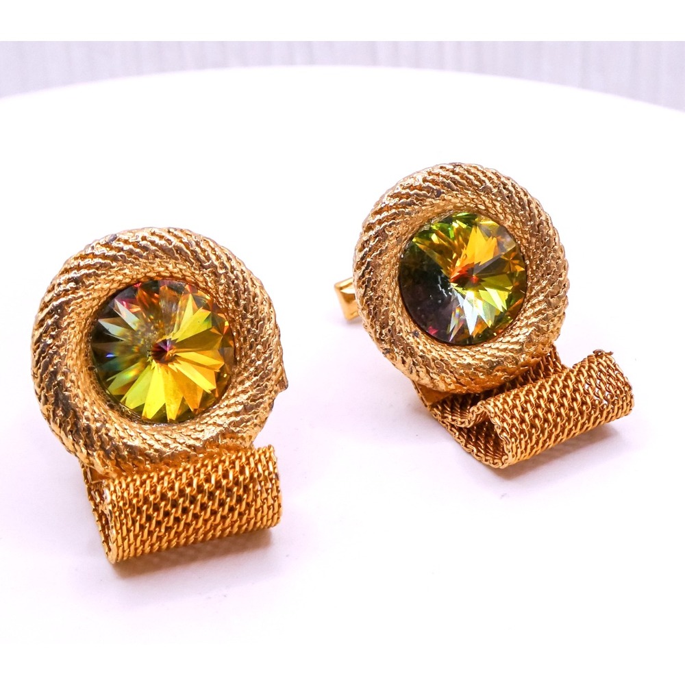 Gold Plated Watermelon Rivoli Rhinestone Mesh Mens New Cufflinks Vintage Mens 1"